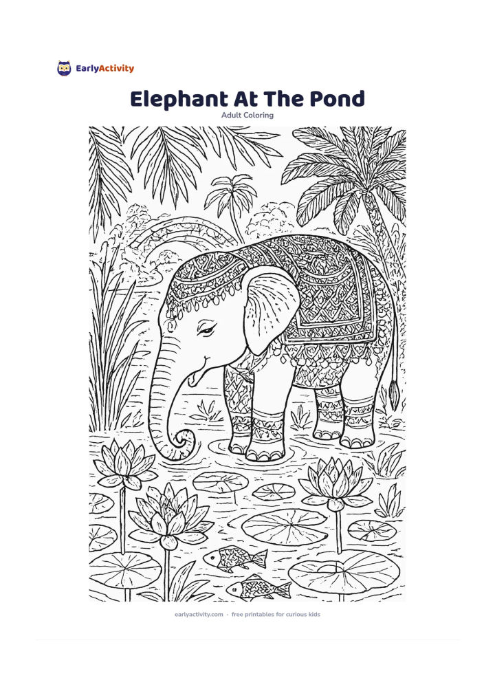 Colouring page: Draw a decorated elephant gently drinking beside a lotus pond, with reeds, lily pads, fish, palm leaves, and a distant arched footbridge. Add patterned cloth and ornamental details on…