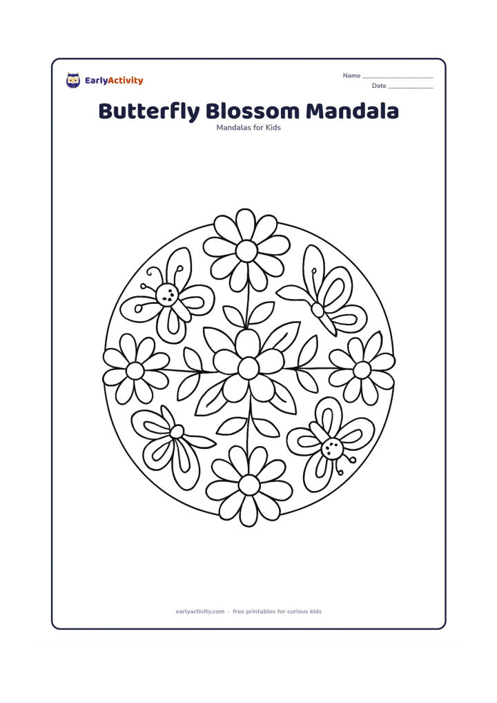 Colouring page: A balanced circular mandala with four butterflies alternating with four open flowers around a central blossom. Connect the elements with curling stems, medium leaves and repeated petal…