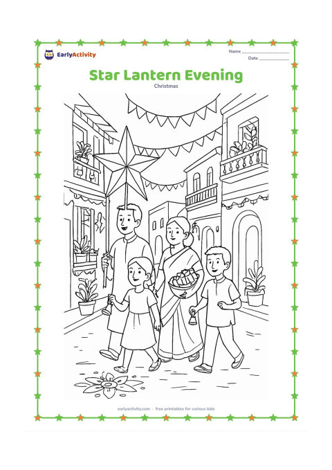 Colouring page: A family walks through an Indian neighbourhood at dusk carrying a large star lantern, with children holding small bells and an adult carrying a basket of gifts. Show decorated balconies,…