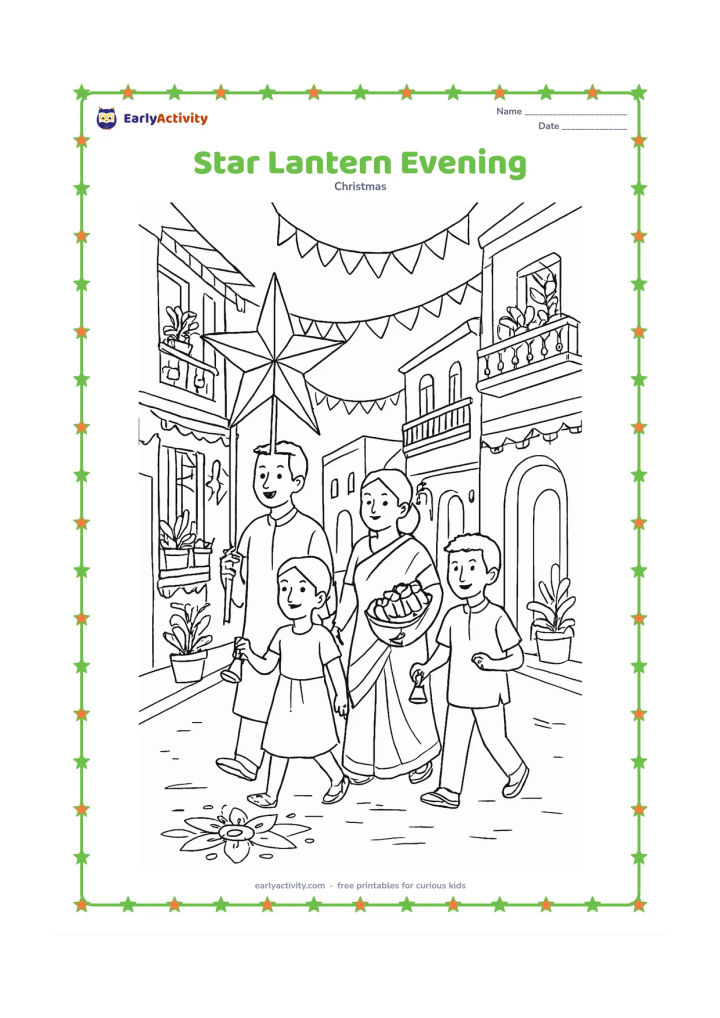 Colouring page: A family walks through an Indian neighbourhood at dusk carrying a large star lantern, with children holding small bells and an adult carrying a basket of gifts. Show decorated balconies,…
