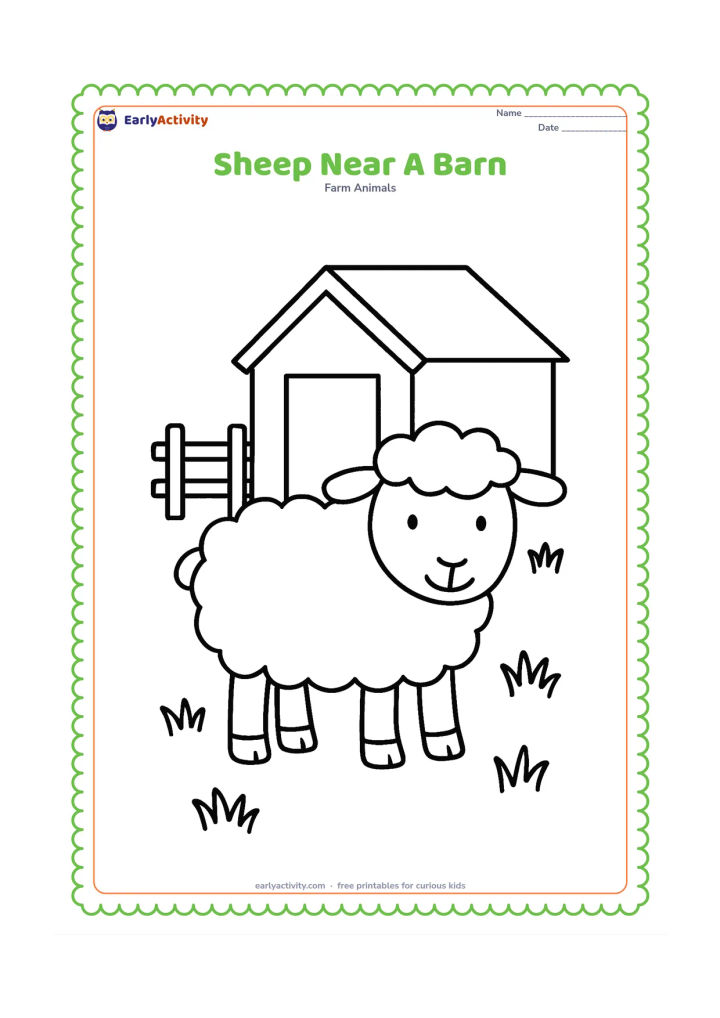 Colouring page: A large sheep stands outside a small plain farm barn with an open doorway, a fence and several grass clumps. Do not include any sign or writing on the barn.