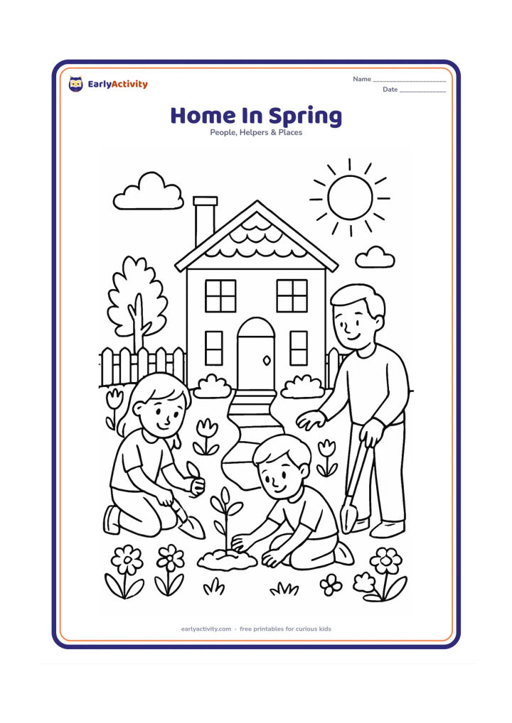 Colouring page: Draw a family house surrounded by spring flowers, young plants, a fence and a front path. Two children plant a seedling beside the house while an adult holds a small gardening tool.