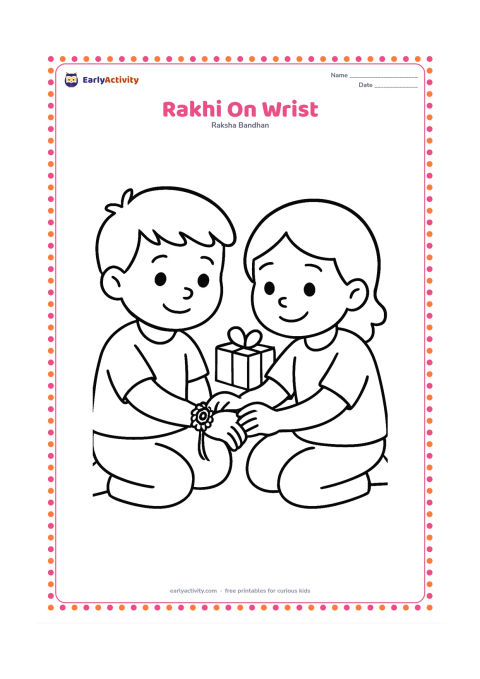 Colouring page: A young child gently ties a large, simple rakhi around a sibling's outstretched wrist. Show two smiling children seated together with only a small cushion and a gift box in the background.