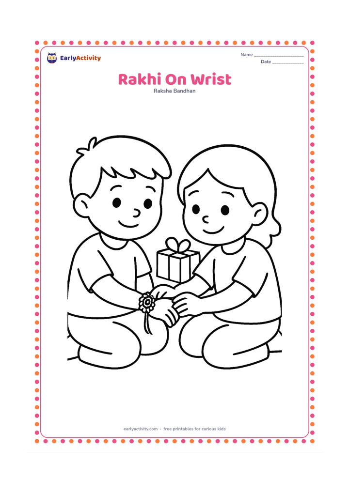 Colouring page: A young child gently ties a large, simple rakhi around a sibling's outstretched wrist. Show two smiling children seated together with only a small cushion and a gift box in the background.
