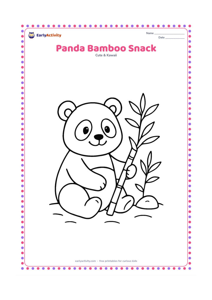 Colouring page: A seated panda holds a bamboo stalk while two more stalks grow beside a small rock. Include rounded bamboo leaves, a gentle smile and a few curved ground lines.