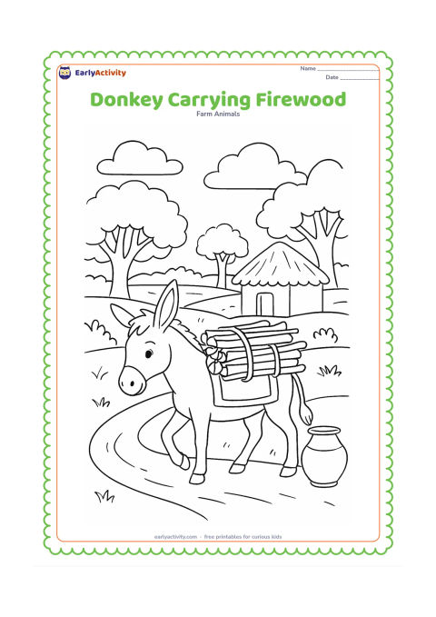 Colouring page: A donkey walks along a village path carrying a neatly bundled stack of firewood on a padded pack. Include a thatched shelter, broad trees, a clay water pot and distant fields.