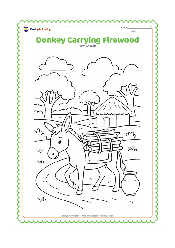 Colouring page: A donkey walks along a village path carrying a neatly bundled stack of firewood on a padded pack. Include a thatched shelter, broad trees, a clay water pot and distant fields.