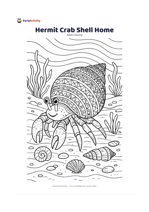Colouring page: A hermit crab moves across the ocean floor carrying a large patterned shell, surrounded by smaller shells, seaweed, pebbles and a shallow wave of sand. Show the crab from the side with…