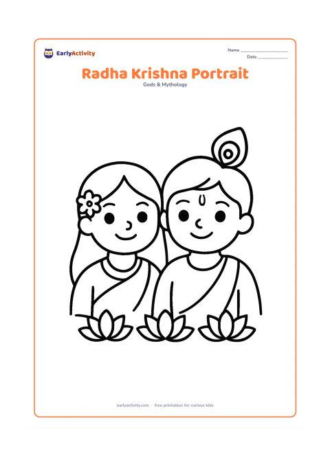 Colouring page: Draw a friendly bust portrait of Radha and Krishna side by side, with Krishna wearing a single peacock feather and Radha wearing a simple flower in her hair. Use very large facial and…
