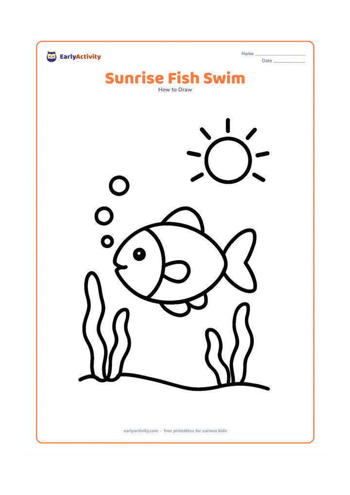 Worksheet: Show one large fish swimming toward the right beneath a simple rising sun, with three bubbles and two broad seaweed shapes. The fish should have a clear rounded body, tail, eye, and fins.