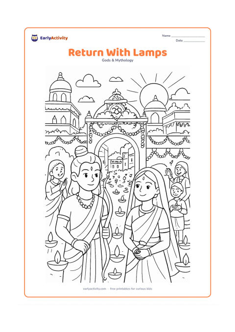 Colouring page: Ram and Sita enter Ayodhya at evening as families welcome them with rows of oil lamps, flower garlands, decorated doorways, rooftops, and a glowing sky.