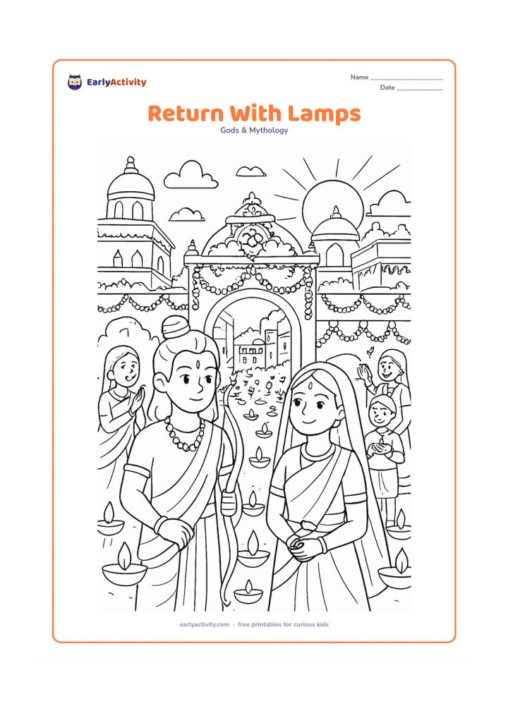 Colouring page: Ram and Sita enter Ayodhya at evening as families welcome them with rows of oil lamps, flower garlands, decorated doorways, rooftops, and a glowing sky.