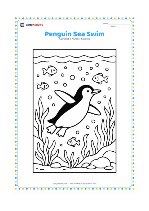Colouring page: Draw a penguin swimming underwater with flippers extended, surrounded by fish, seaweed and rising bubbles. Show the water surface above and a rocky seabed below.