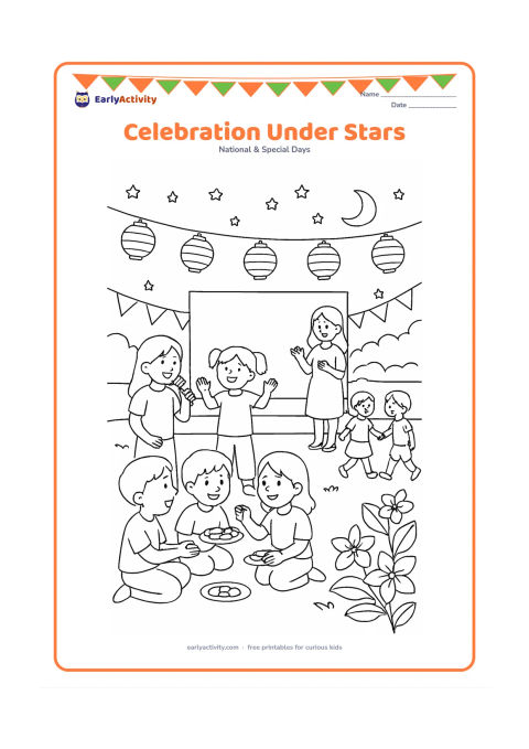 Colouring page: Children, families, and a teacher enjoy an evening Children's Day gathering in a school courtyard with paper lanterns, flowers, a small stage, and stars above. Show children singing,…