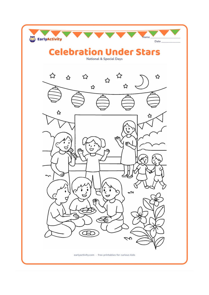 Colouring page: Children, families, and a teacher enjoy an evening Children's Day gathering in a school courtyard with paper lanterns, flowers, a small stage, and stars above. Show children singing,…