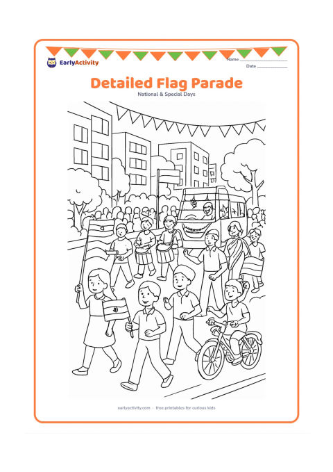 Colouring page: Draw a busy Independence Day parade along a broad Indian avenue, with marching children, adults carrying Indian flags, drummers, decorated bicycles and a decorated vehicle. Include…