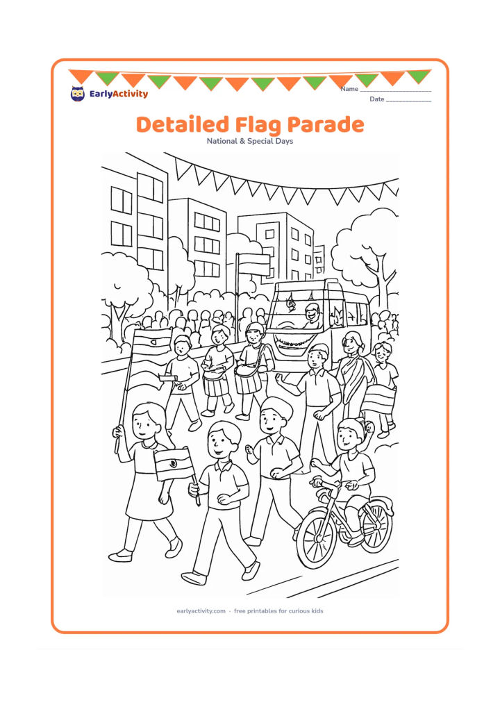 Colouring page: Draw a busy Independence Day parade along a broad Indian avenue, with marching children, adults carrying Indian flags, drummers, decorated bicycles and a decorated vehicle. Include…