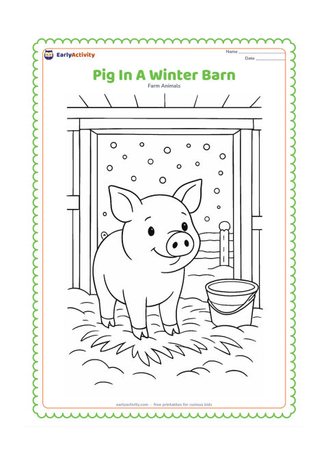 Colouring page: A pig stands inside a warm barn doorway while light snow falls outside. Include a thick hay bed, wooden beams, a water bucket and snow-covered fence posts beyond the doorway.