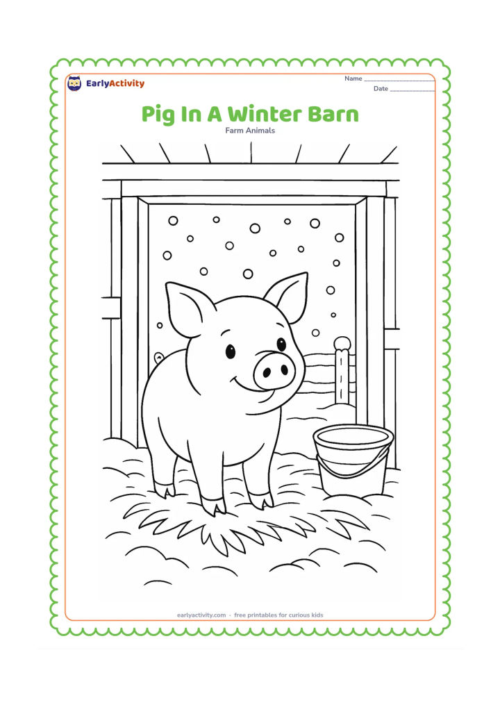 Colouring page: A pig stands inside a warm barn doorway while light snow falls outside. Include a thick hay bed, wooden beams, a water bucket and snow-covered fence posts beyond the doorway.