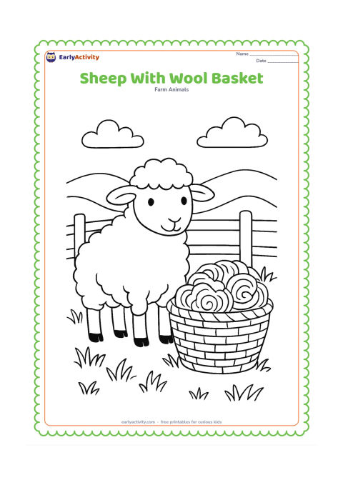 Colouring page: A sheep stands beside a woven basket containing several loose wool bundles, with a simple wooden fence, wild grasses and distant rolling hills. Show different wool textures without…