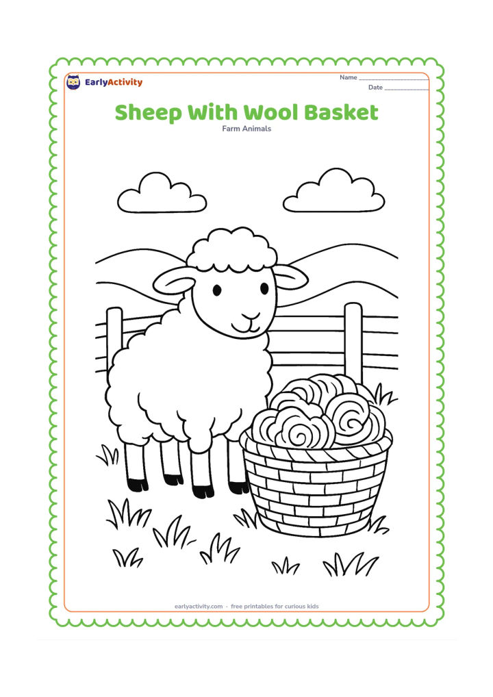 Colouring page: A sheep stands beside a woven basket containing several loose wool bundles, with a simple wooden fence, wild grasses and distant rolling hills. Show different wool textures without…