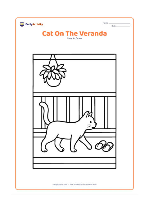 Worksheet: Draw a cat walking along a veranda with a simple railing, a hanging plant, and a pair of plain sandals near the edge. Show the cat in side view with one front paw lifted and its tail raised.
