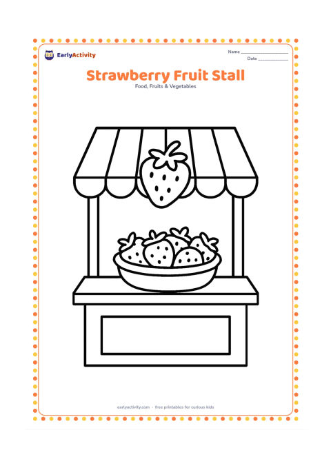 Colouring page: Draw a simple open fruit stall with a large basket of strawberries on the counter, a striped awning, and one broad strawberry hanging as a decoration without any sign or writing.