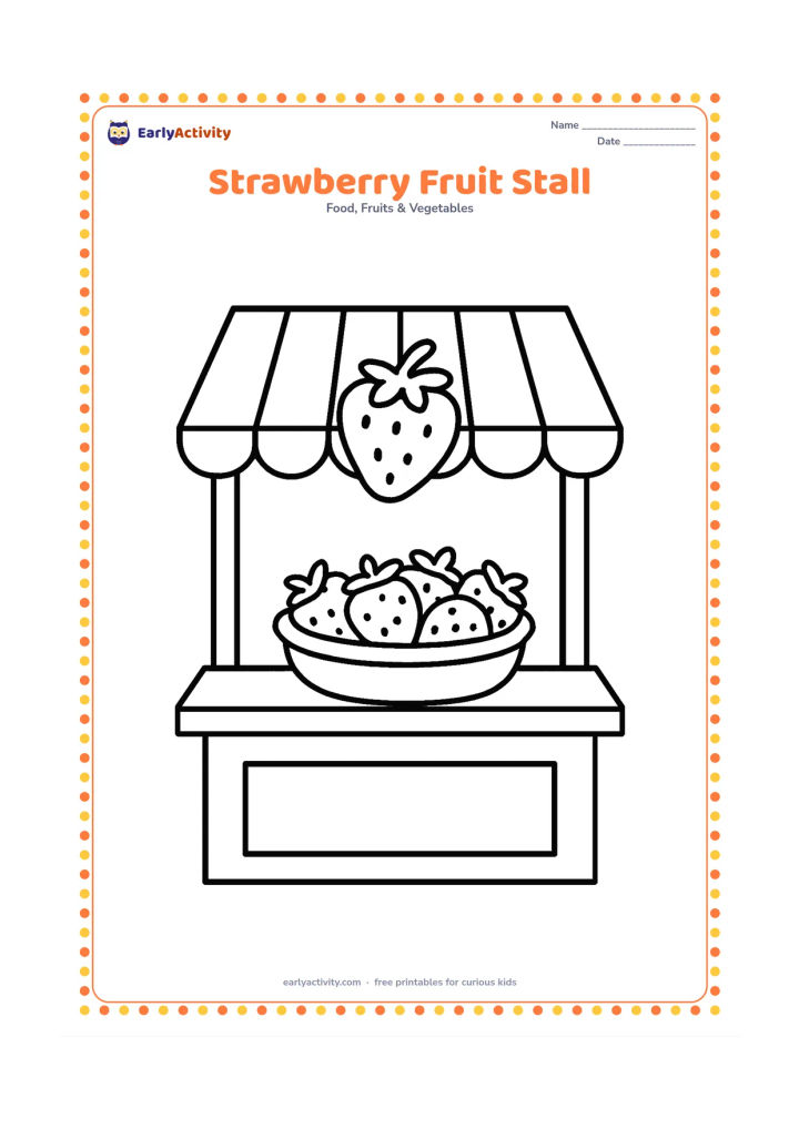 Colouring page: Draw a simple open fruit stall with a large basket of strawberries on the counter, a striped awning, and one broad strawberry hanging as a decoration without any sign or writing.