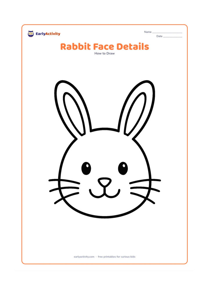 Worksheet: Show a large front-facing rabbit head with two eyes, a small triangular nose, curved mouth, rounded cheeks and whiskers extending from both sides. Add two long ears with simple inner ear…
