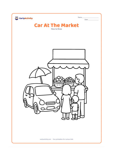 Worksheet: Show a family car parked beside a small Indian roadside market stall with baskets of fruit, a parasol and two simple shoppers seen from behind. Keep the stall canopy and any signboard blank.