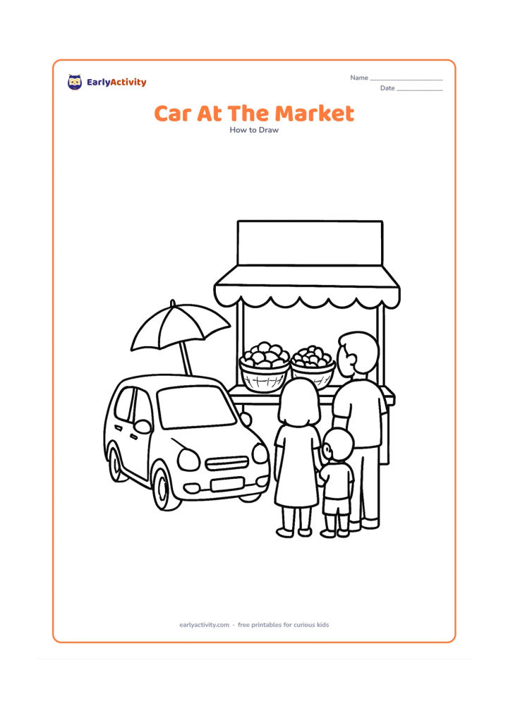 Worksheet: Show a family car parked beside a small Indian roadside market stall with baskets of fruit, a parasol and two simple shoppers seen from behind. Keep the stall canopy and any signboard blank.