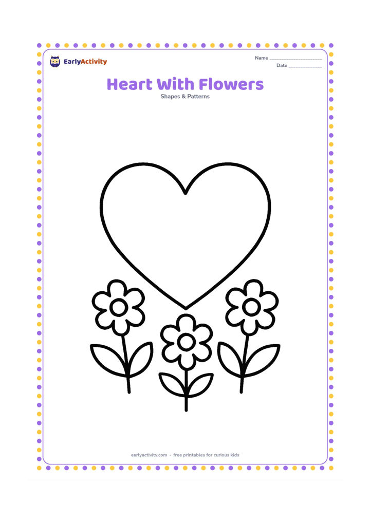 Colouring page: Place one large heart in the centre with three simple flowers growing around its bottom edge and two leaves on each side.