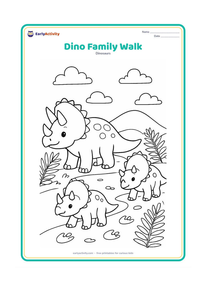 Colouring page: A parent Triceratops leads two smaller Triceratops along a fern-lined path. Add a low hill, a few clouds and several different-sized footprints.