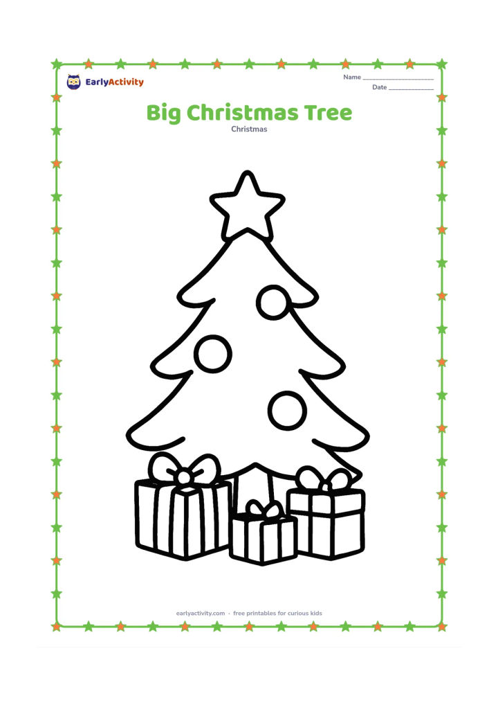 Colouring page: A large Christmas tree fills the page with a simple star on top, three round baubles, and a few wrapped gifts at its base. Leave wide open spaces around each shape and keep the…
