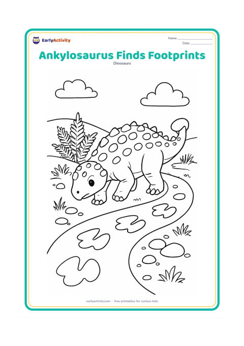 Colouring page: An Ankylosaurus pauses beside a curving trail of its own large footprints, looking down with one foot lifted. Add ferns, pebbles, a small ridge and a few clouds.