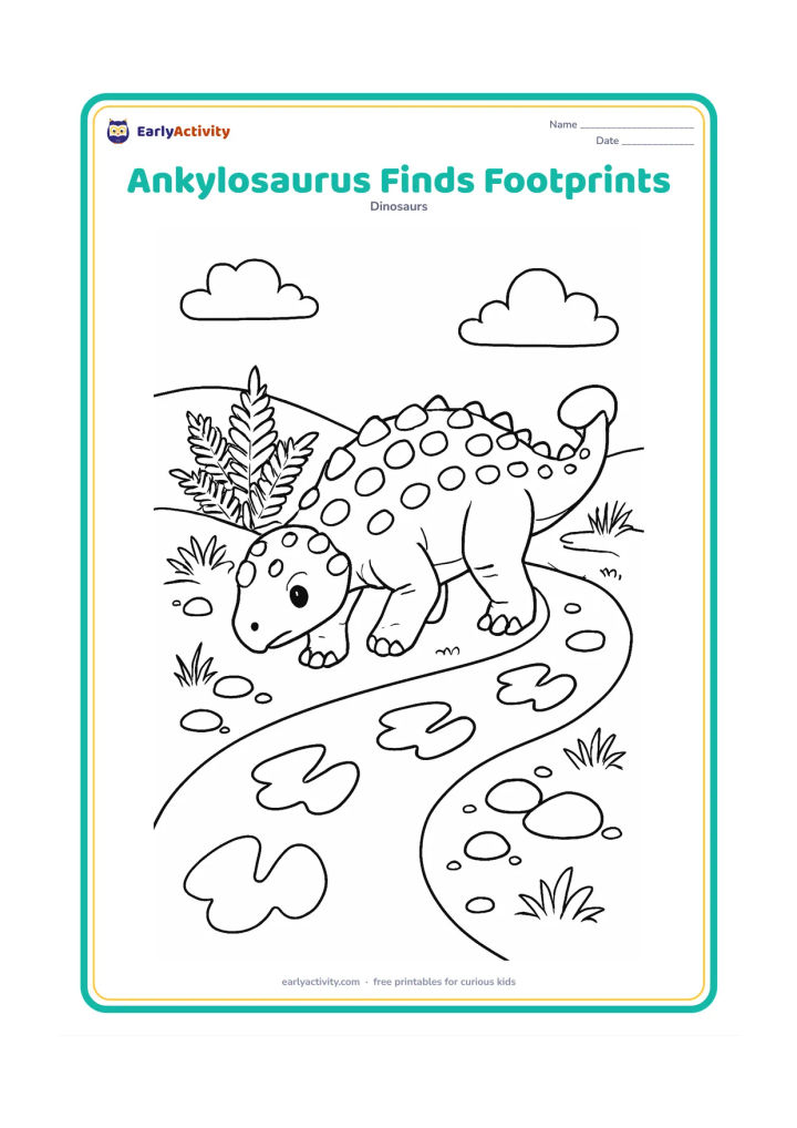 Colouring page: An Ankylosaurus pauses beside a curving trail of its own large footprints, looking down with one foot lifted. Add ferns, pebbles, a small ridge and a few clouds.