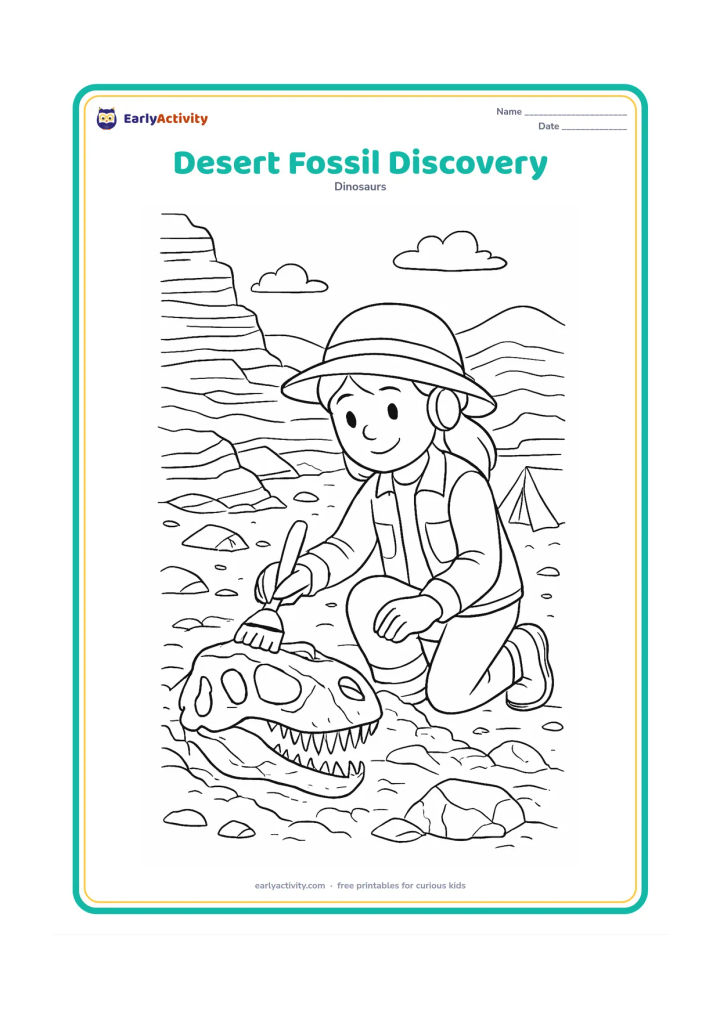 Colouring page: A young dinosaur fossil researcher carefully brushes a partly exposed dinosaur skull fossil in a rocky desert landscape. Include layered sandstone, a small field tent, a brush and…