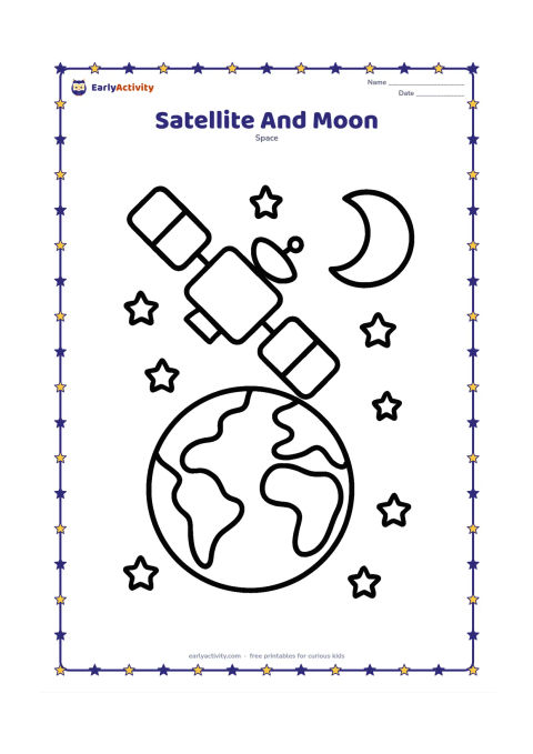 Colouring page: Show an artificial satellite orbiting near Earth while a crescent Moon appears farther away in the starry sky. Use clearly different shapes for the satellite, Earth, and Moon.