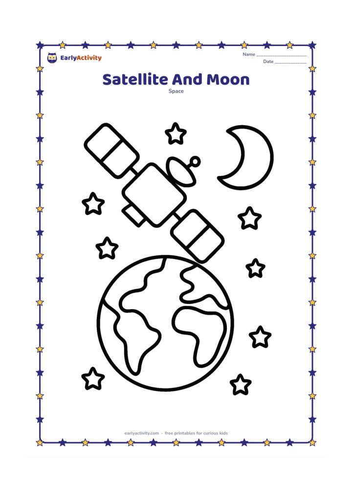 Colouring page: Show an artificial satellite orbiting near Earth while a crescent Moon appears farther away in the starry sky. Use clearly different shapes for the satellite, Earth, and Moon.