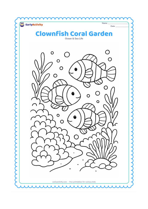 Colouring page: Draw three clownfish moving through a colourful-garden-like reef of rounded coral, seaweed, bubbles, and two different anemones. Include a small sandy path through the coral for a clear…