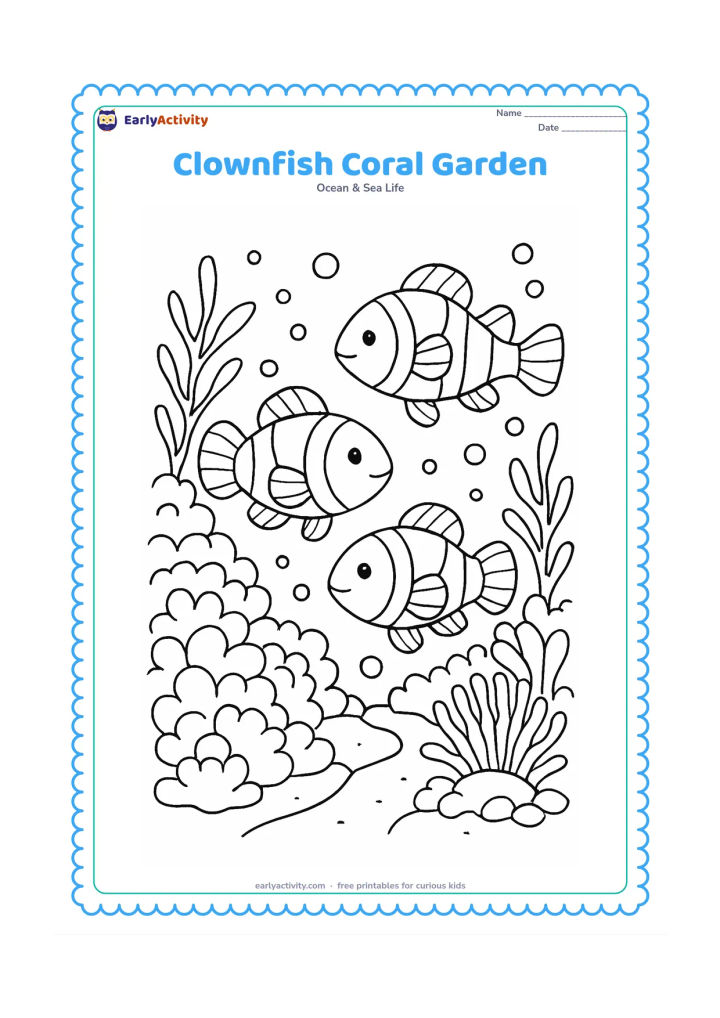 Colouring page: Draw three clownfish moving through a colourful-garden-like reef of rounded coral, seaweed, bubbles, and two different anemones. Include a small sandy path through the coral for a clear…