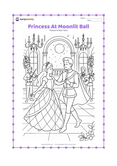 Colouring page: Draw a princess turning in a patterned gown on a palace ballroom floor beneath a moonlit balcony. Include a graceful partner, musicians with simple instruments, chandeliers, tall…