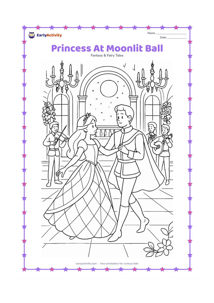 Colouring page: Draw a princess turning in a patterned gown on a palace ballroom floor beneath a moonlit balcony. Include a graceful partner, musicians with simple instruments, chandeliers, tall…
