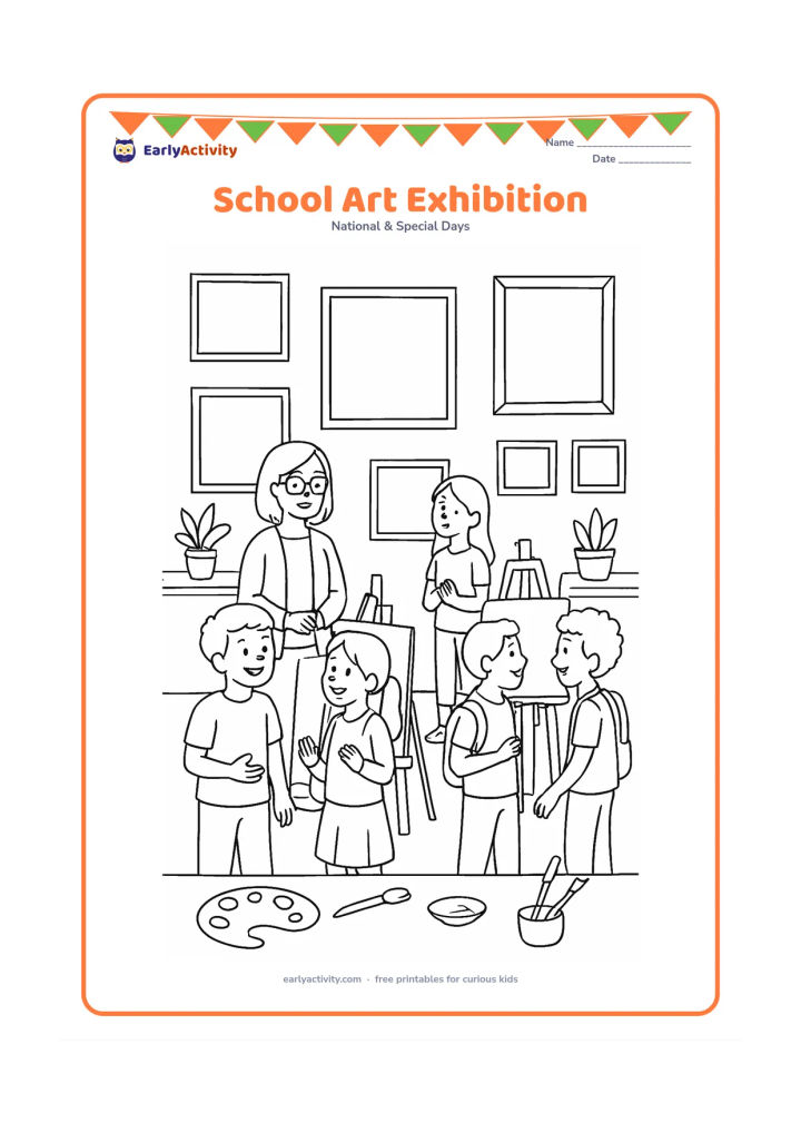 Colouring page: Older children and a teacher view a classroom art exhibition with many framed, blank pictures on the walls. Include easels, paintbrushes, palettes, tables, potted plants, and children…