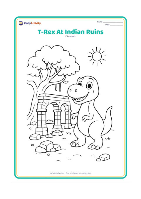Colouring page: A friendly T-Rex stands beside simple ancient stone arches inspired by Indian ruins, with a banyan-like tree, fallen stones, and a sunny open ground. Do not include carvings, signs, or…