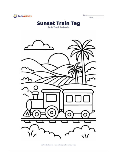 Worksheet: Draw a train-shaped gift tag travelling through an Indian countryside at sunset, with a small engine, two carriages, palm trees, hills, fields and a large blank panel on the middle…
