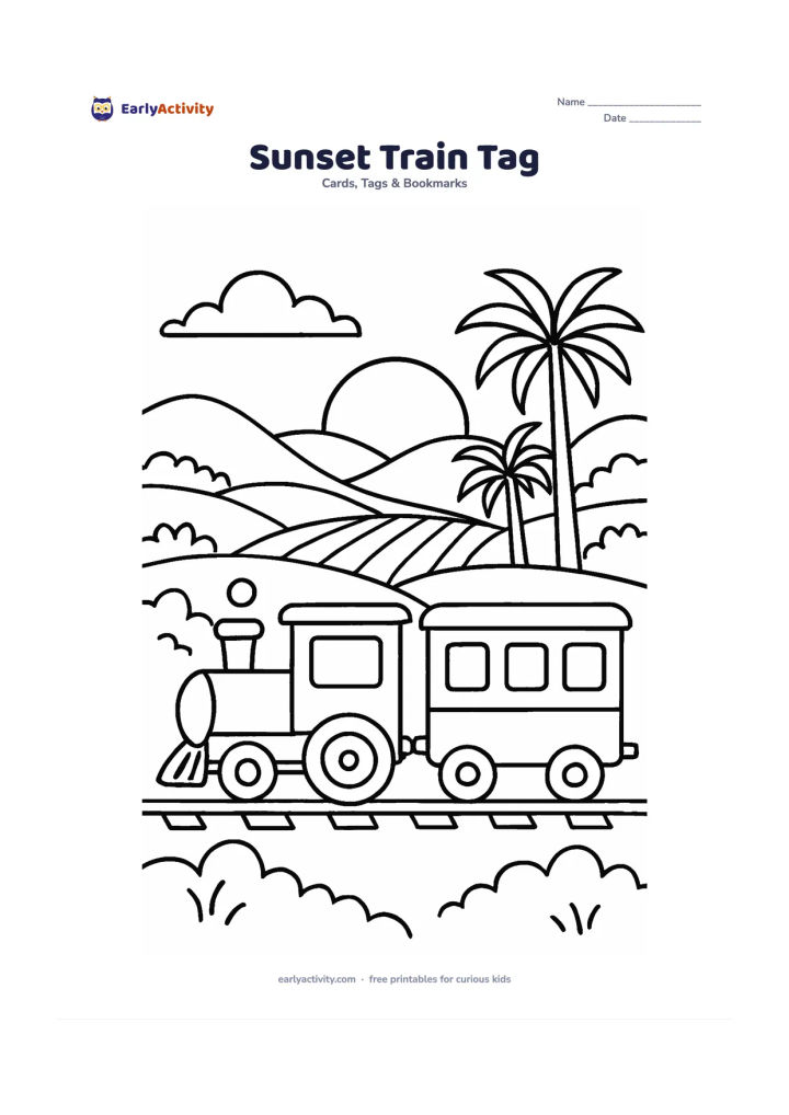 Worksheet: Draw a train-shaped gift tag travelling through an Indian countryside at sunset, with a small engine, two carriages, palm trees, hills, fields and a large blank panel on the middle…
