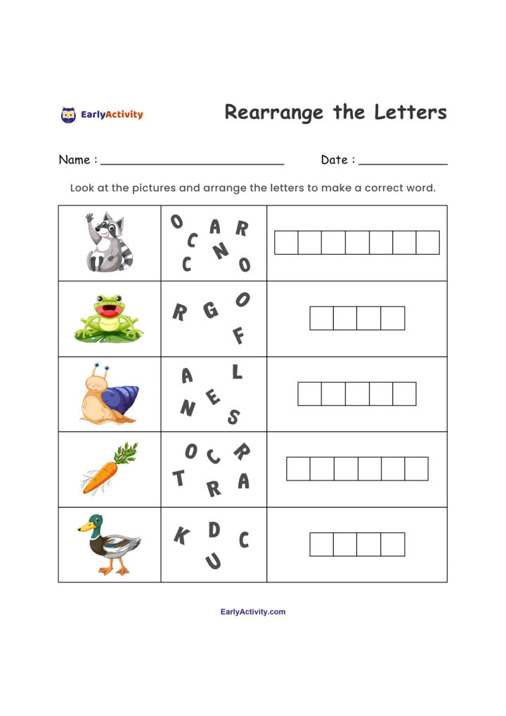 Worksheet with five pictures—a raccoon, frog, snail, carrot and duck—mixed-up letters, and boxes for writing each word.