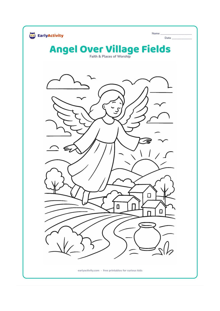 Colouring page: An angel flies gently above a peaceful Indian village landscape with curved fields, a footpath, trees, simple houses, a water pot and distant hills. The sun is low on the horizon with…