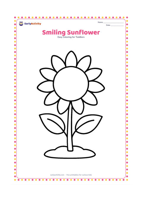 Colouring page: Draw one large sunflower with a round center, broad petals, a thick stem and two simple leaves. Place it in a small patch of ground.